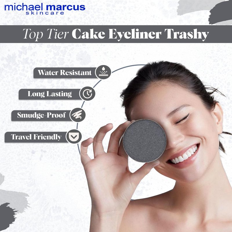 michael marcus Makeup Cake Eye Liner & Eyeliner Brush (Trashy) - Water Activated Dry Pressed, Long-Lasting & Smudge Resistant Eyeliner - Cruelty & Paraben Free - For Beginner & Pro Makeup Artist