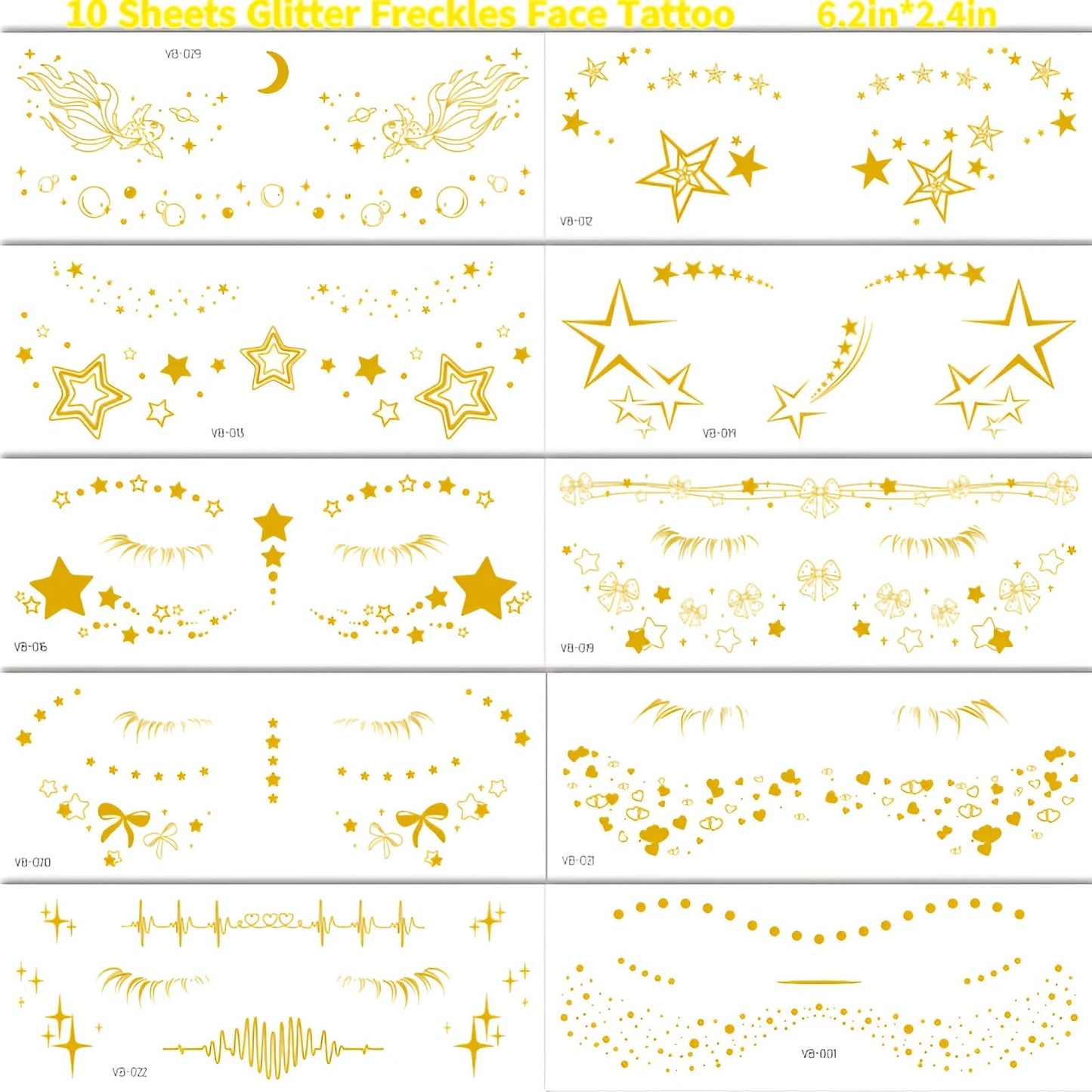 10Pcs Gold Glitter Star Freckles Tattoo Sticker,Faux Freckle Patches Waterproof Temporary Tattoos Heart Design,Gold Glitter Freckles Face Tattoo,Cute Glitter Makeup Accessories for Women Girls