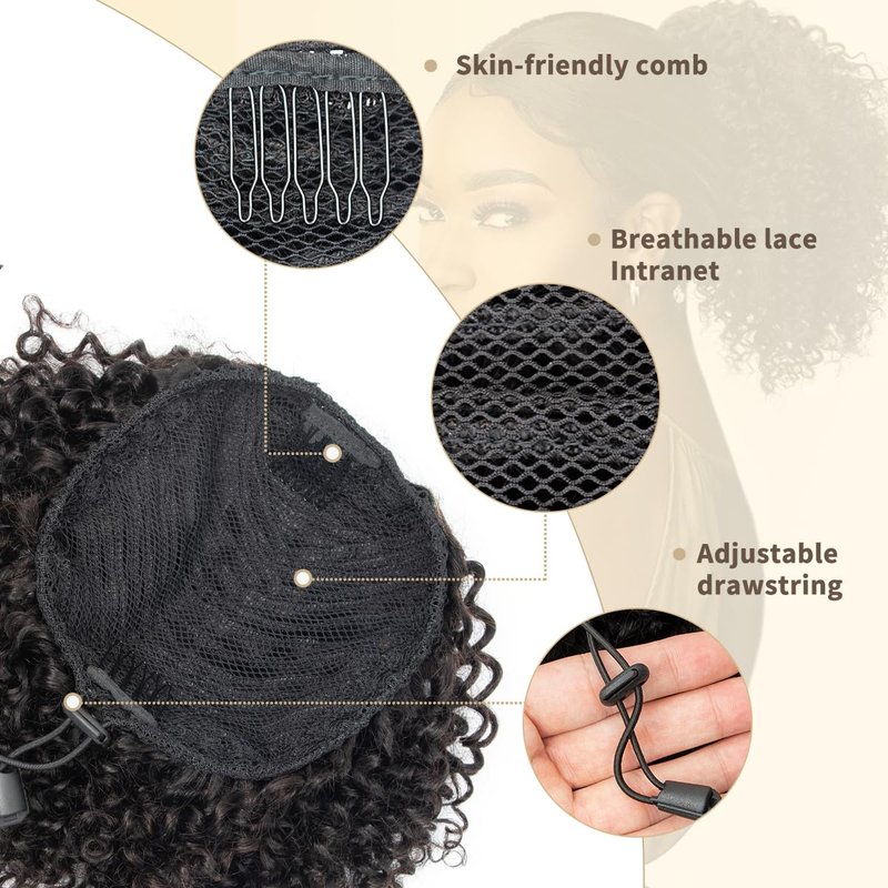 Drawstring Ponytail Human Hair - 4C Kinky Curly Extension for Black Women | 8 Inch Natural Volume & Length