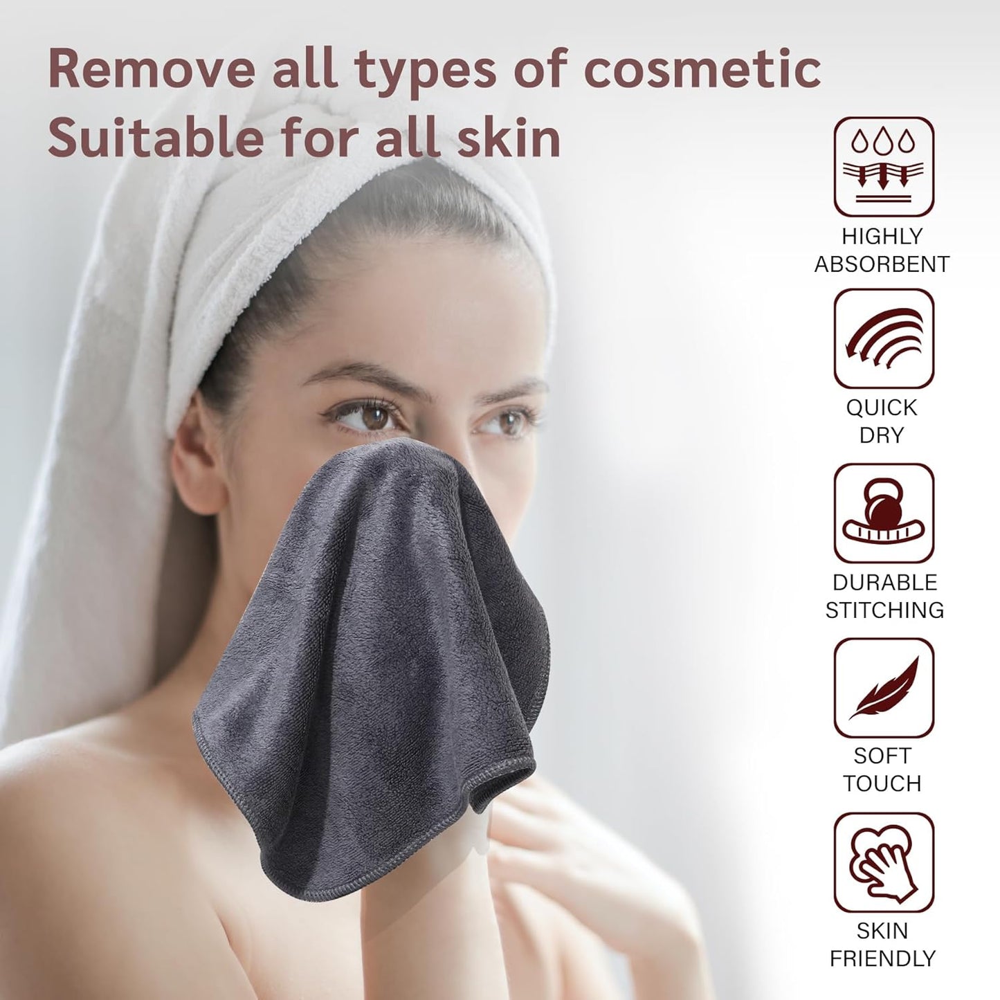 Reusable Makeup Remover Cloths - 12x12 Inch Microfiber Towels | 6 Pack Fast-Drying Grey Face Washcloths