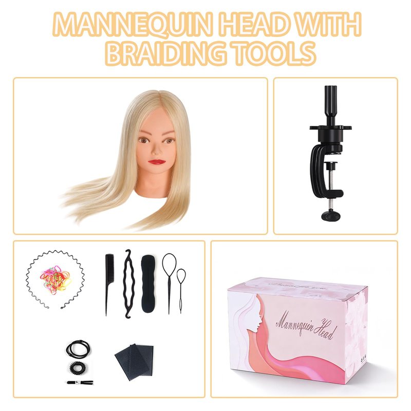 Mannequin Head, Beauty Star 24 Inch Creamy-White Long Hair Styling Training Head Manikin Cosmetology Doll Head with Clamp Stand and Accessories (Suitable for Straightening, Curling, Perming)