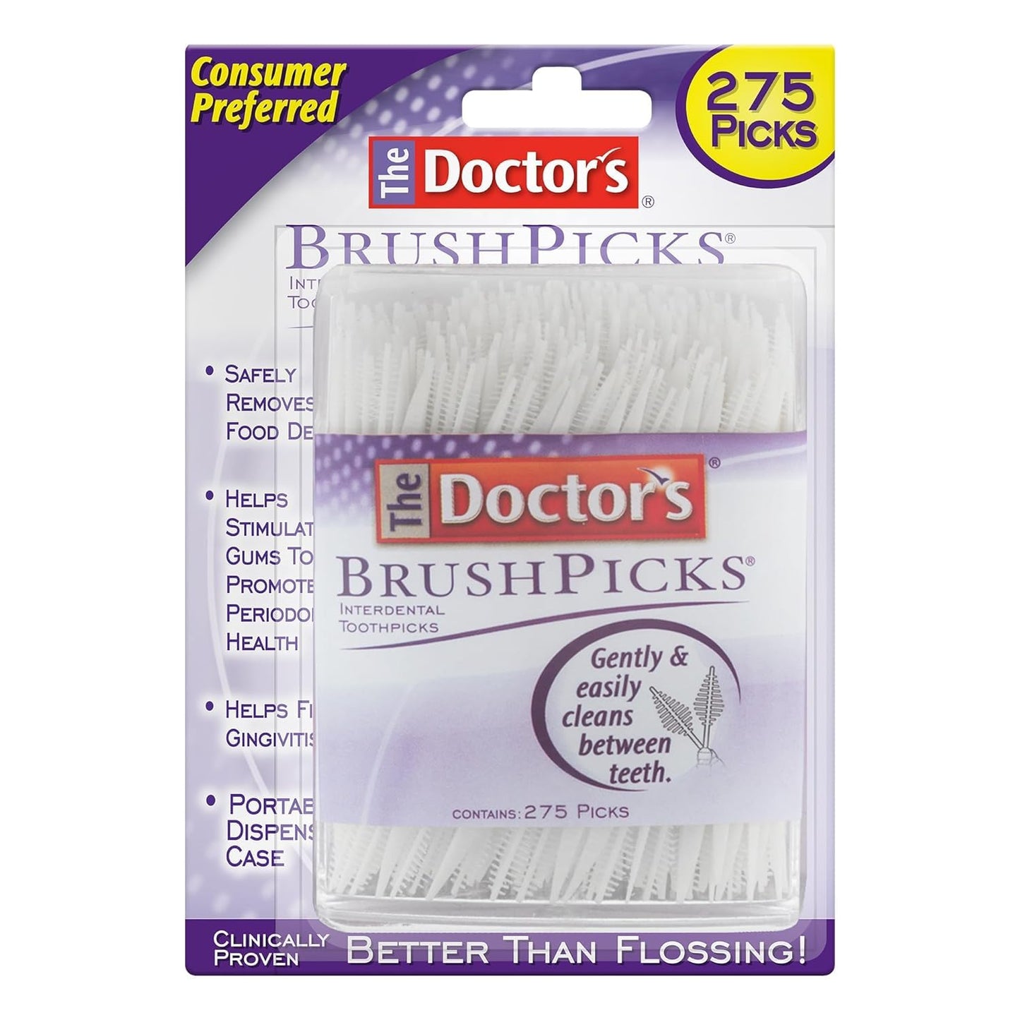 The Doctor's BrushPicks Interdental Toothpicks, Soft Rubber Dental Picks for Teeth Cleaning, Removes Food Debris, Gum Care, Portable Dispensing Case, 275 Count (Pack of 9)