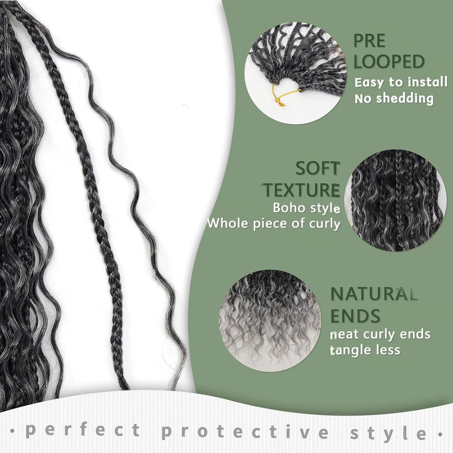 Goddess Box Braids - 7 Packs Grey Crochet Hair with Curly Ends | 14 Inch Bohemian Braiding Extensions 1B/Gray