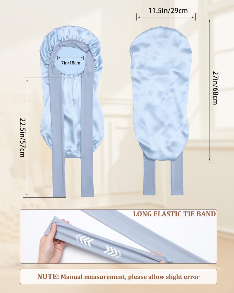 AWAYTR Long Silk Bonnet for Sleeping - 100% Mulberry Silk Bonnet for Women Long Hair Sleep Cap with Elastic Tie Band (Sky Blue)