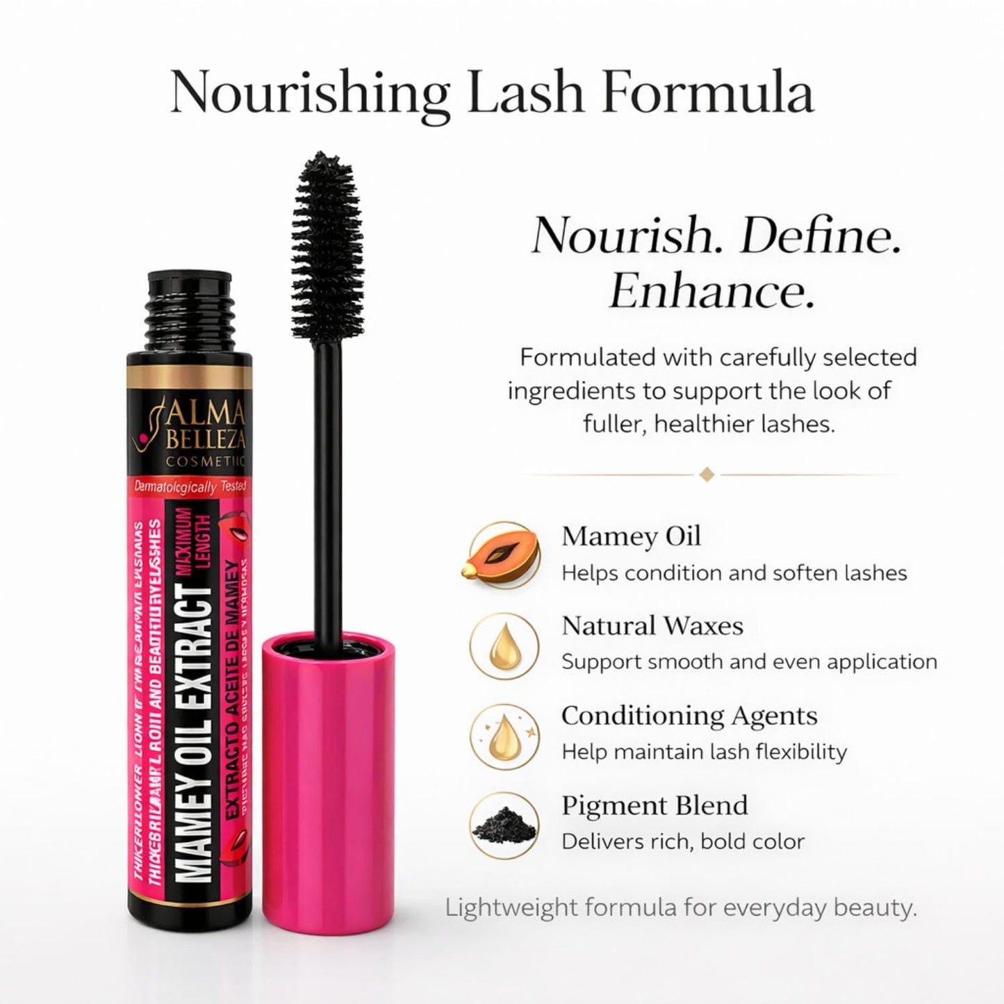 Mamey oil extract mascara maximum length ALMA BELLEZA NET WT. 0.45 oz MAXIMUM LENGHT Pestanas mas gruesas Largas & Bonitas Water Proof "Intense Black "