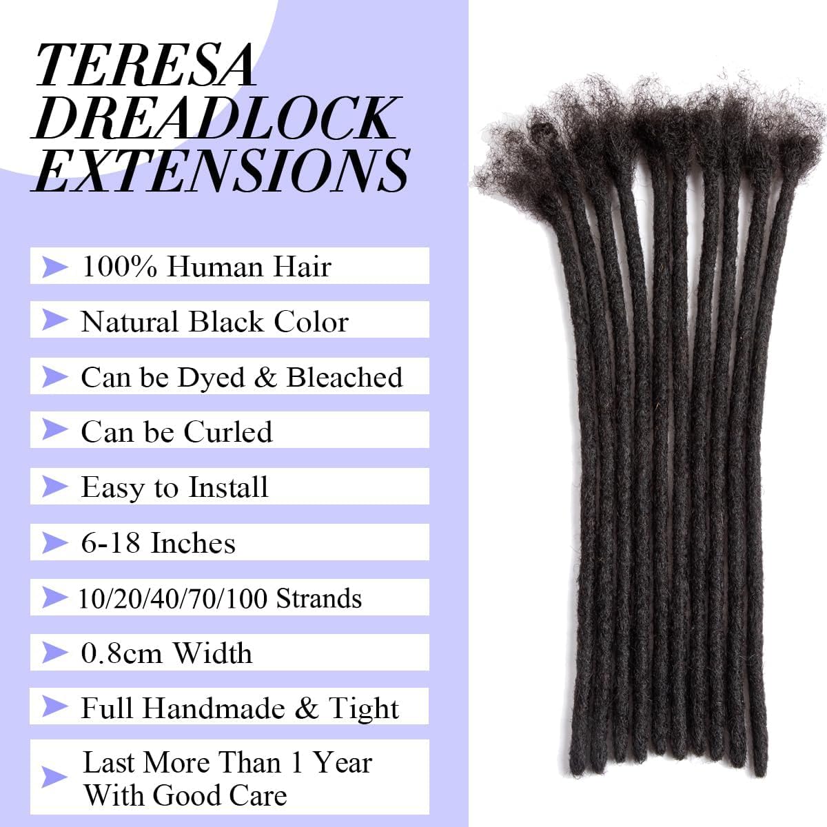 Teresa Human Hair Dreadlock Extensions Human Loc Extensions 0.8cm Width 6 Inch 20 strands Real Hair Dreadlock Extensions Loc Extensions Human Hair For Men/Women/Kids