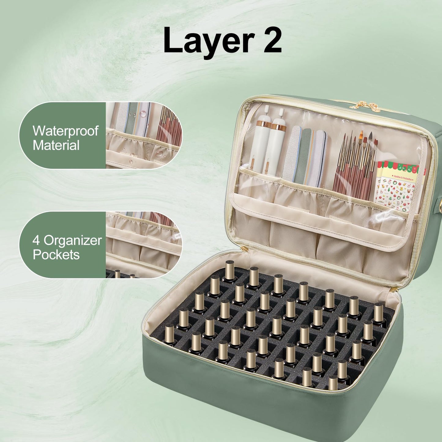 SXS LACONIC Nail Polish Organizer Case,Double Layer Nail Supplies Organizer Bag Storage Box Holds Up to 45 Bottles of Nail Polish and Nail Lamp