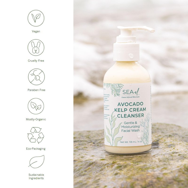 Sea-El Avocado & Kelp Cream Cleanser Non-Foaming Gentle Deep Cleanse to Purify Tone & Firm - Moisturizing Natural Face Wash for Women & Men - 4 Oz