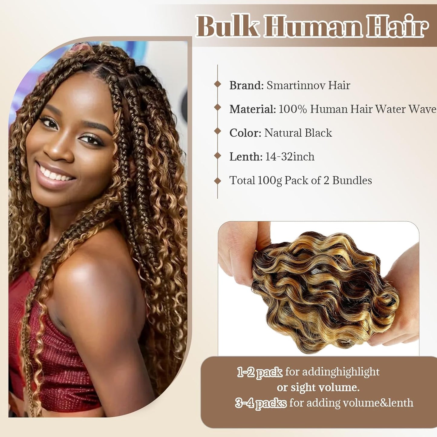 Human Braiding Hair - Ombre Blonde Curly Bulk 100G | 14 Inch Water Wave Braids, 2 Bundles