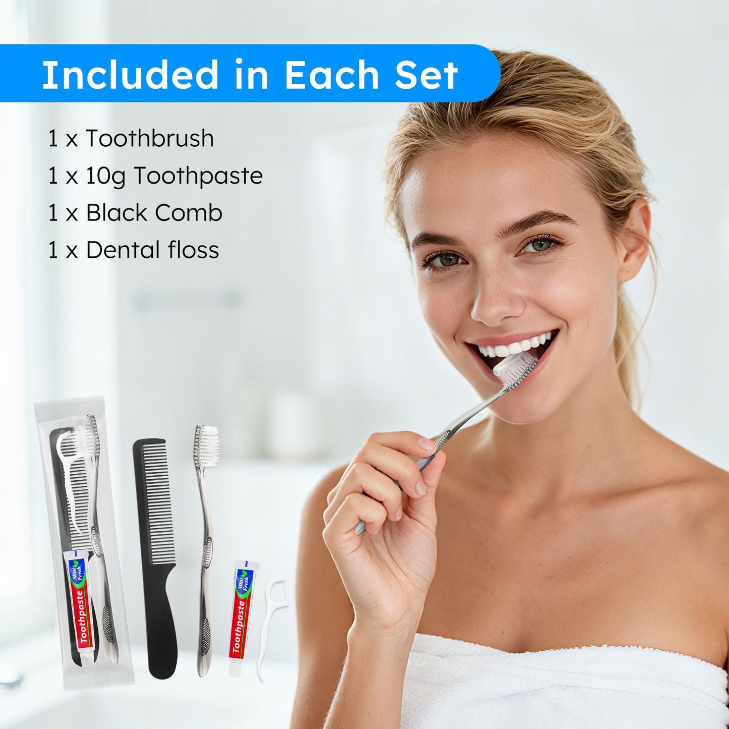 LLHQAMT Travel Toothbrushes with Toothpaste, Disposable Toothbrushes, Hygiene Kits in Bulk with Floss Picks, Combs, Individually Packaged, Suitable for Home, Travel, and Hotels (100-PACK)