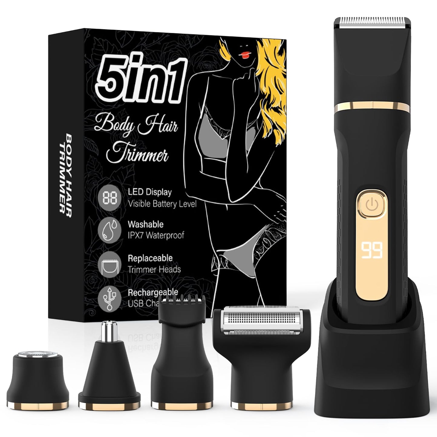 Bikini Trimmer for Women,5-in-1 Electric Razors for Women,Electric Shaver for Women's,IPX7 Waterproof Trimmer for Men Legs,with 5 Replaceable Blade Heads,USB Recharge Dock（Black）
