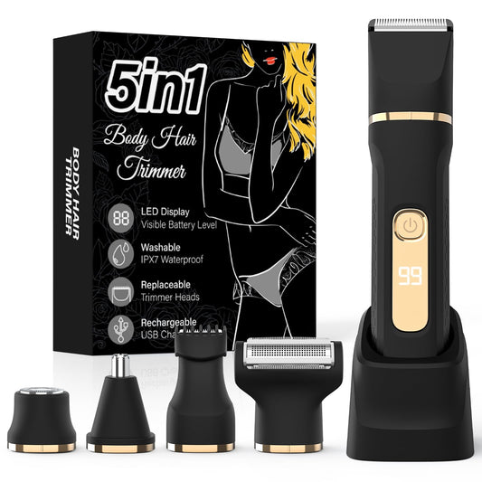Bikini Trimmer for Women,5-in-1 Electric Razors for Women,Electric Shaver for Women's,IPX7 Waterproof Trimmer for Men Legs,with 5 Replaceable Blade Heads,USB Recharge Dock（Black）