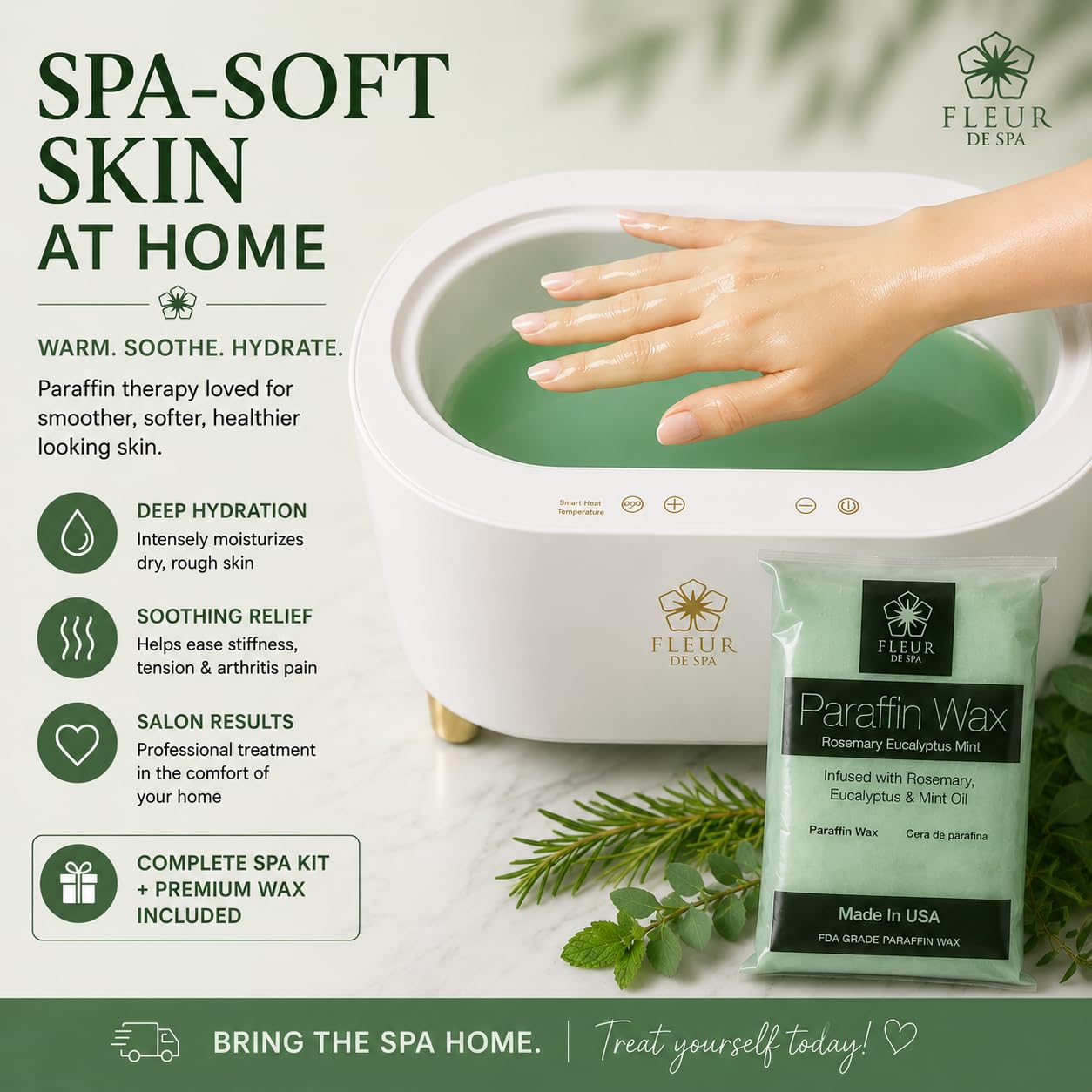 Paraffin Wax refill by Fleur De Spa - Infused with Acai, Coconut oil, Jojoba and Aloe USA Made (Rosemary, Mint & Eucalyptus, 6 pound box)