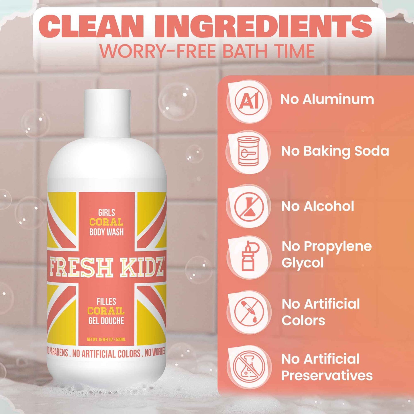 Fresh Kidz Body Wash 16.9 fl.oz. and Stick Deodorant 2.65 oz for Kids and Teens - Girls "Coral" Set