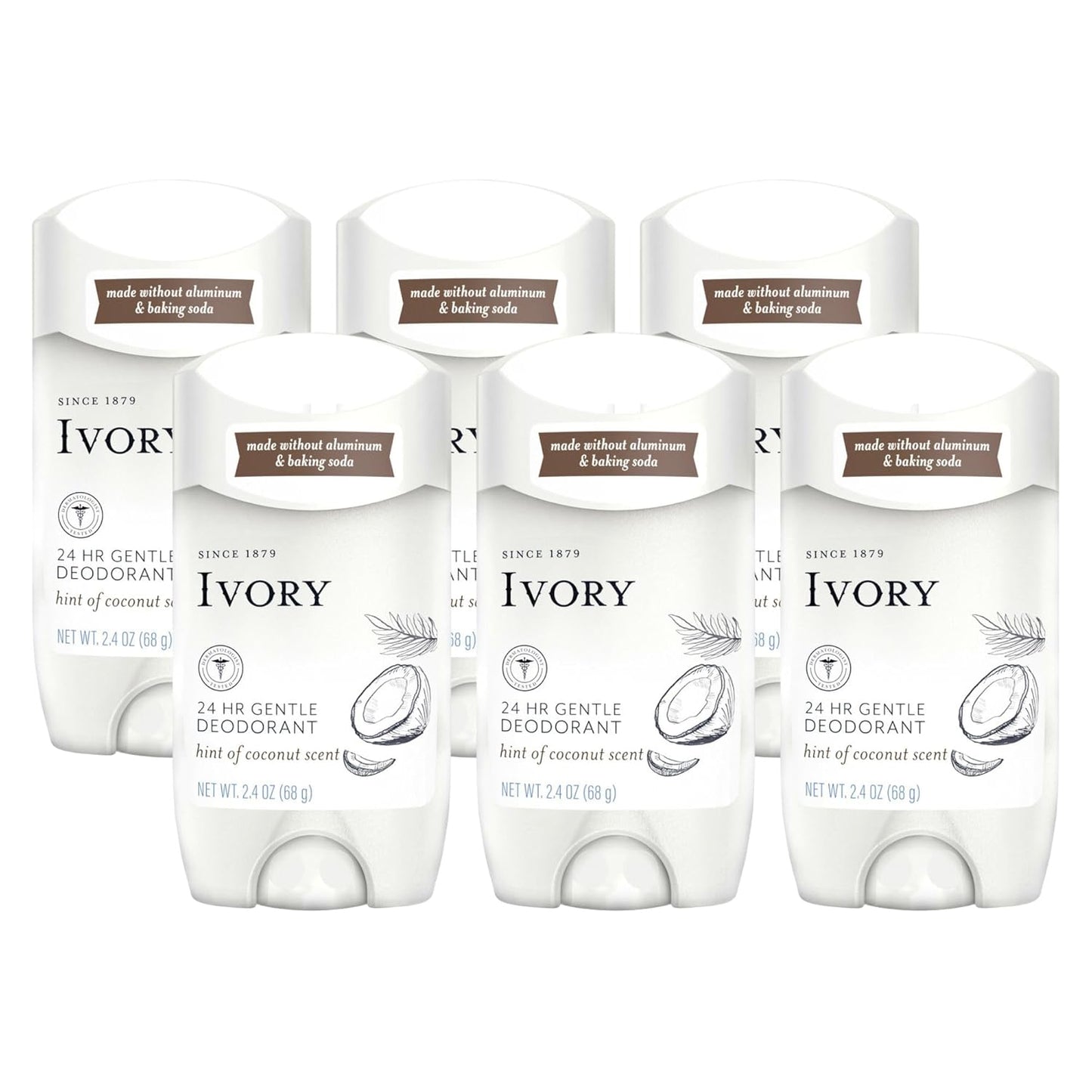 Ivory Aluminum-Free Coconut Deodorant - 24-Hour Gentle Formula, Baking Soda & Paraben Free | 2.4oz (Pack of 6)