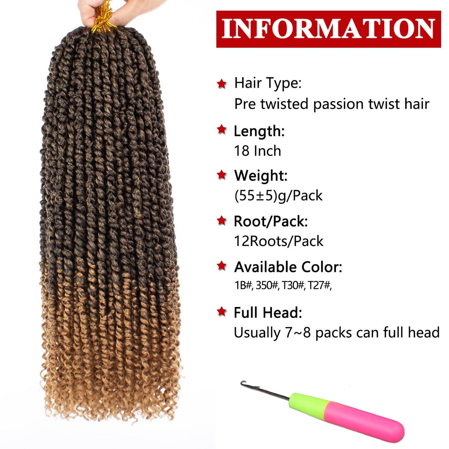 Xtrend 8 Packs Pre-twisted Passion Twist Crochet Hair 18 Inch Natural Black Pre-looped Crochet Braids Hair For Women Bohemian Synthetic Passion Braiding Hair Extension (8packs, 1B#)