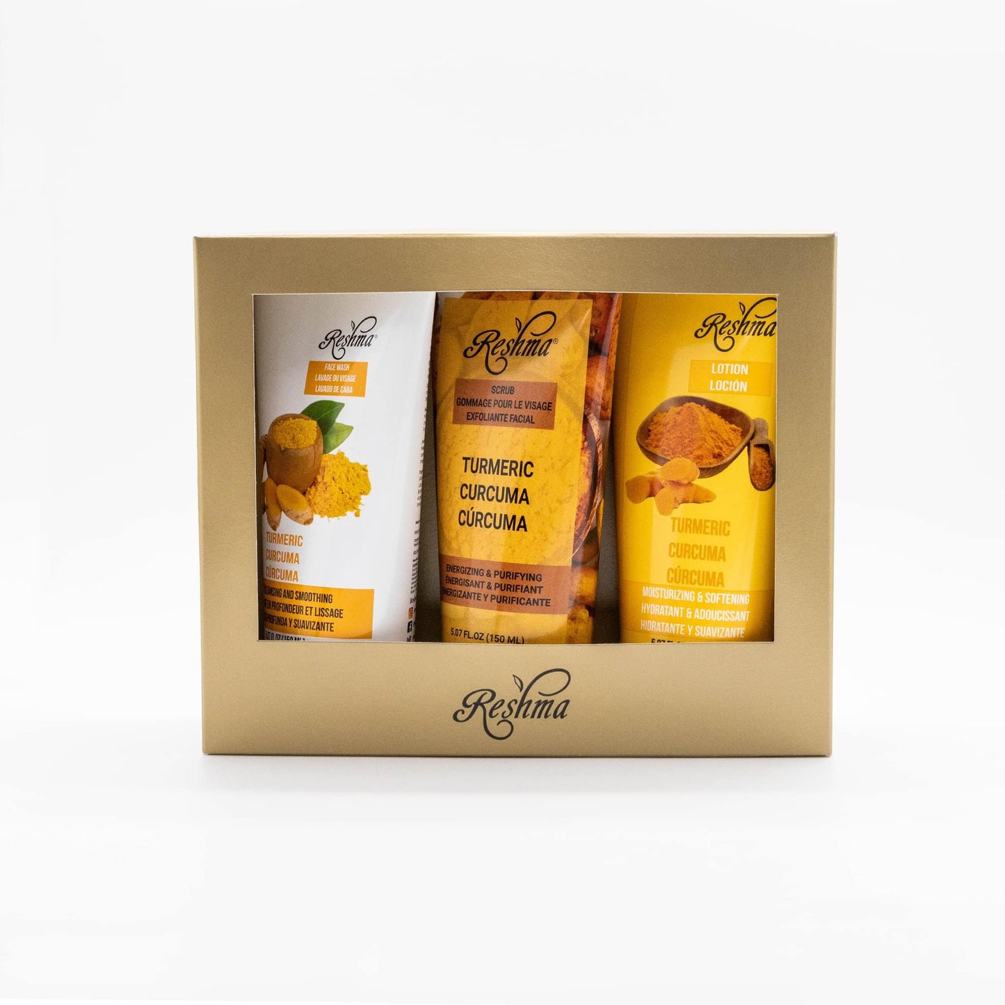 Reshma Beauty Turmeric Gold Skincare Set, Turmeric Face Wash, Turmeric Scrub, and Turmeric Lotion, Hydrating for All Skin Types, Deep Cleansing and Purifying, Cruelty-Free, Pack of 3