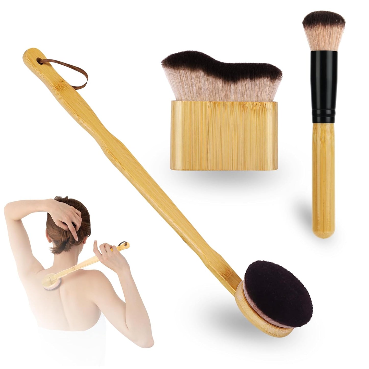 Self Tanner Brush Set - 3 Pcs Kabuki Blending Brushes for Face & Body | Back Applicator & Lotion Applicator