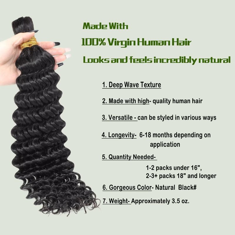 Deep Wave Bulk Human Hair for Braiding Hair 100% Virgin Human Hair Micro Braiding Hair No Weft Human Hair Extensions 2Bundles(Natural Black#,22inch)