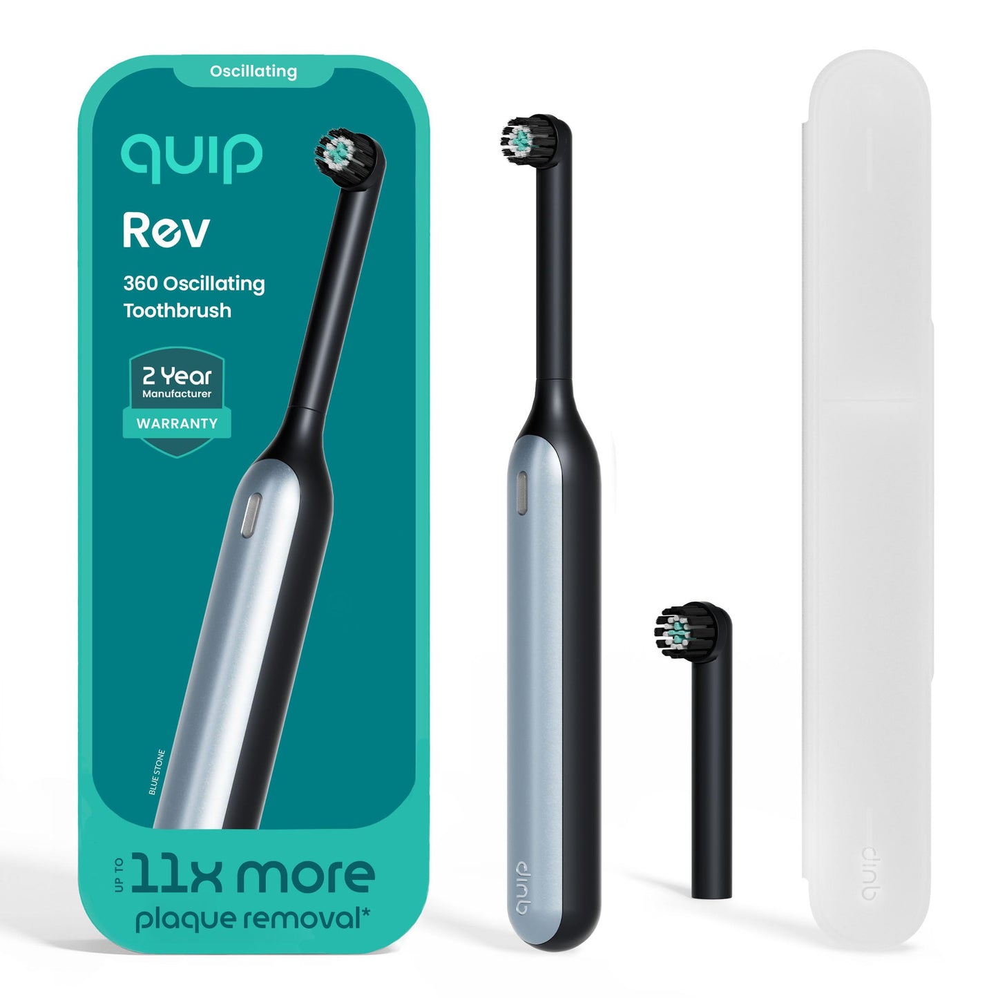 Quip Rev Oscillating Rechargeable Electric Toothbrush with Extra Brush Head - Soft Bristles, Pressure Sensor, 3 Intensities, 30-Day Battery Life, 2-Min Timer, Travel Case, Mirror Mount - Blue Stone