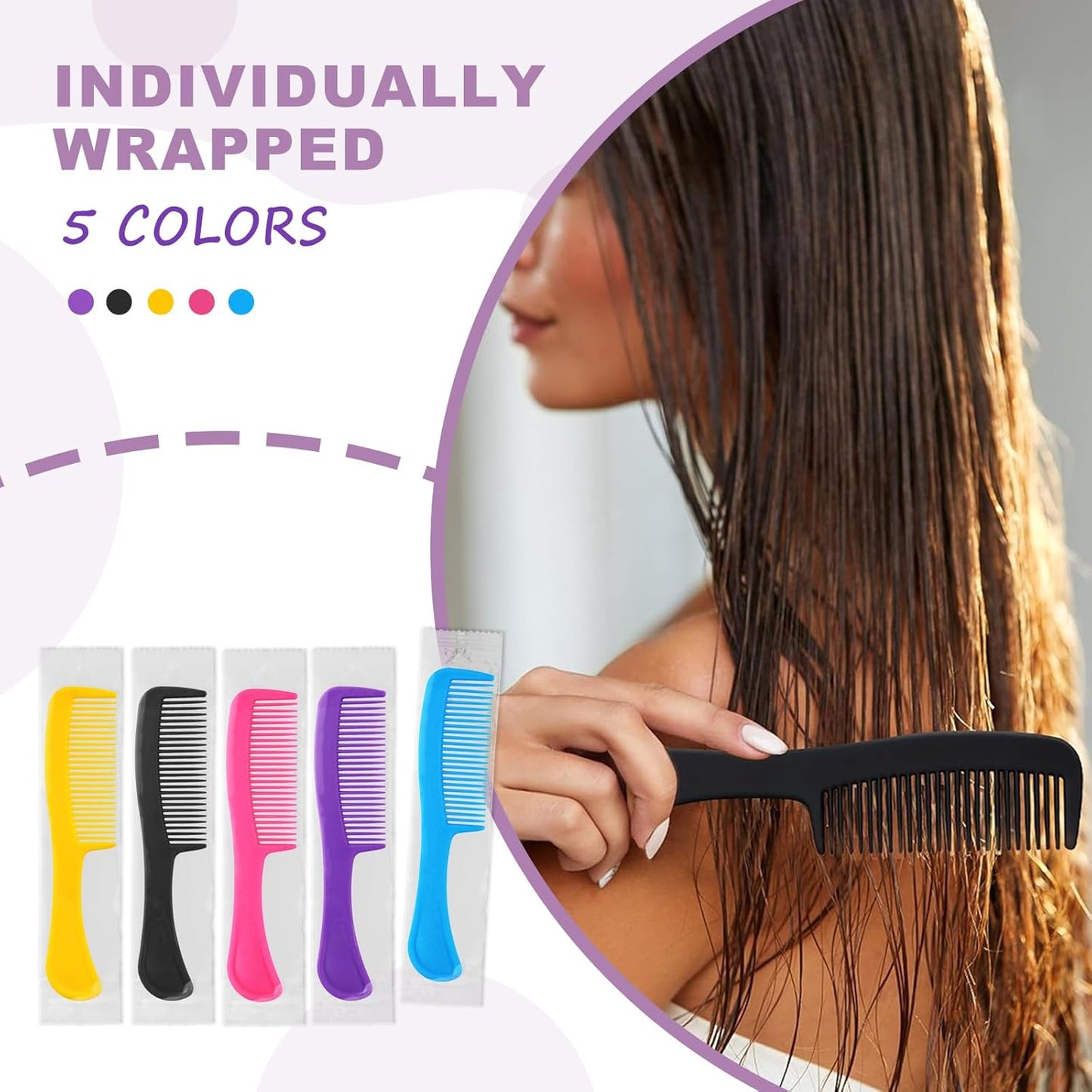 Colorful Hair Combs - 200 Pcs Individually Wrapped for Women, Kids | Ideal for Hotels, Shelters, and Events (Black, Yellow, Pink, Blue, Purple)