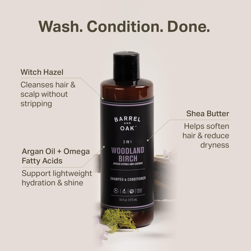 Barrel & Oak Woodland Birch Body Care Set for Men, All-in-One Body Wash, Exfoliating Bar Soap, & 2-in-1 Shampoo and Conditioner Set, Hydrating Grooming Kit, Vegan Gifts for Men, 3-Pack