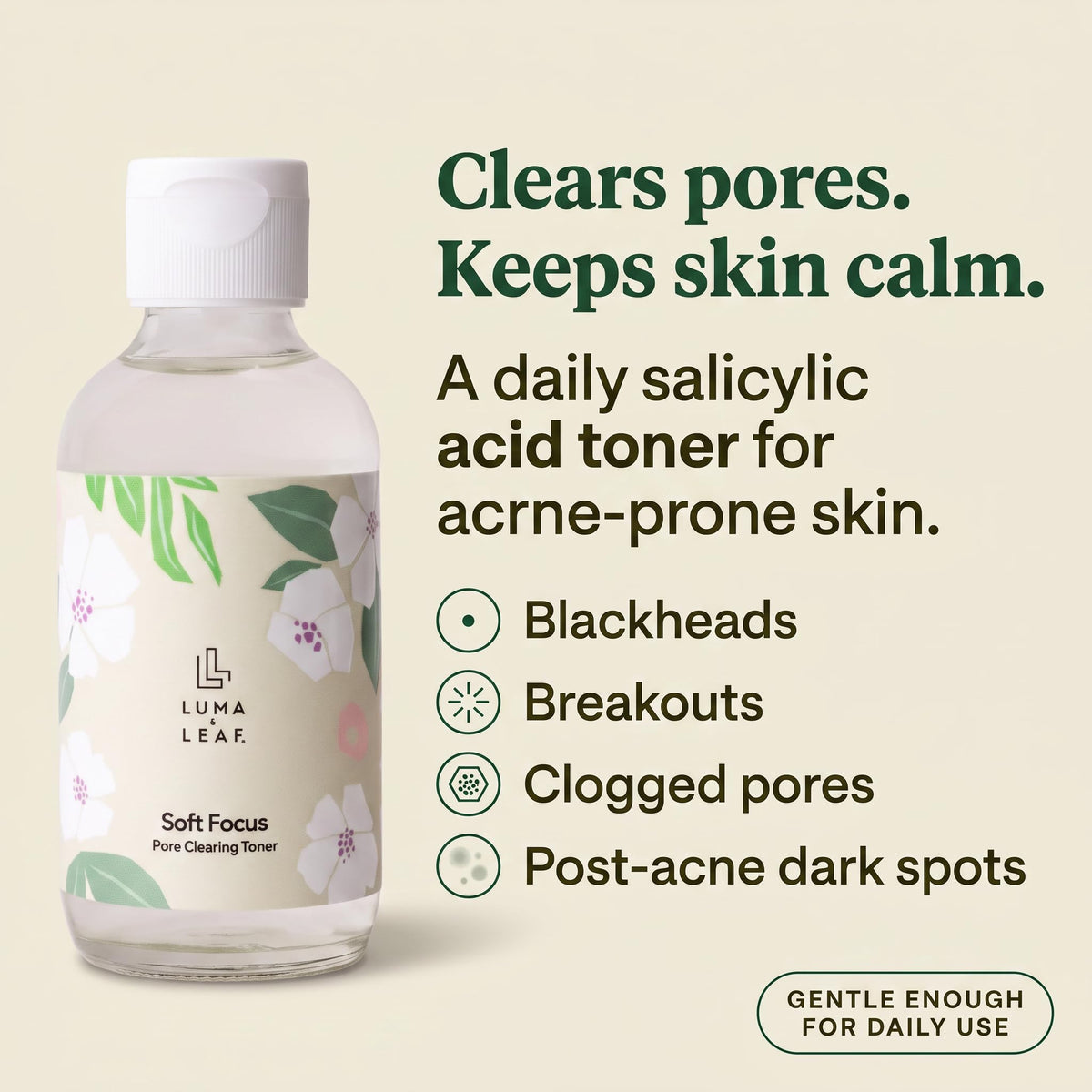 Salicylic Acid Toner for Acne Prone Skin, Pore Clearing BHA Face Toner with Niacinamide, Willow Bark & Marshmallow Root, Exfoliating Treatment for Breakouts & Dark Spots, Vegan, 4 fl oz, Luma & Leaf