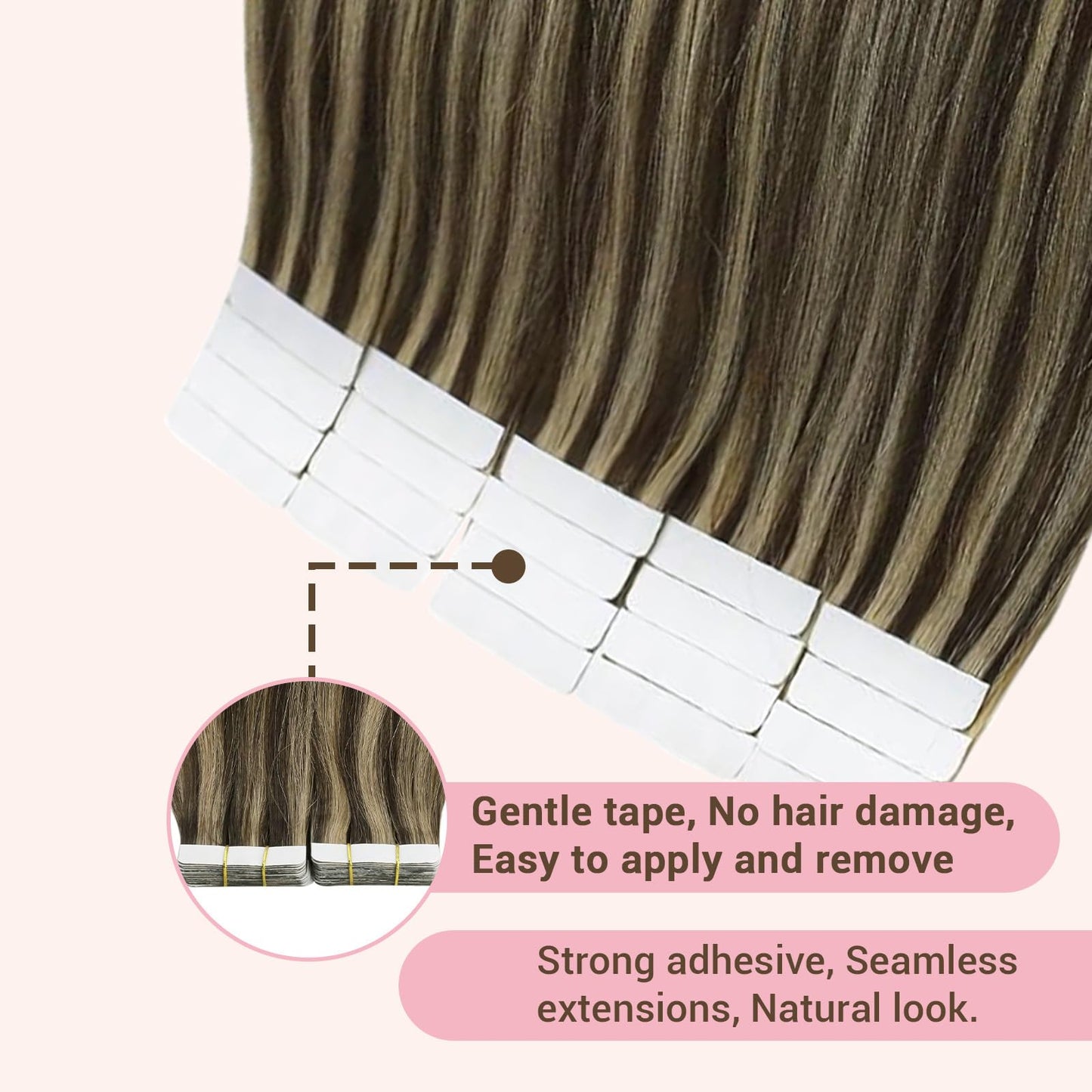 GEELOOK Tape in Hair Extensions Human Hair 20 inch Skin Weft Tape in Straight Thick Natural Hair Extensions with 12 Pieces Replacement Tape 20pcs 50g Chocolate Brown/Light Blonde #4/27
