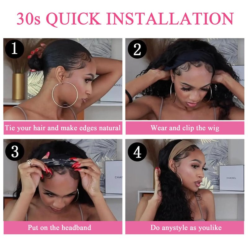 Hertune Body Wave Headband Human Hair Wig 12 Inch Headband Wigs for Black Women None Lace Front Wigs Brazilian Virgin Human Hair Glueless Machine Made Headband Wigs Natural Color