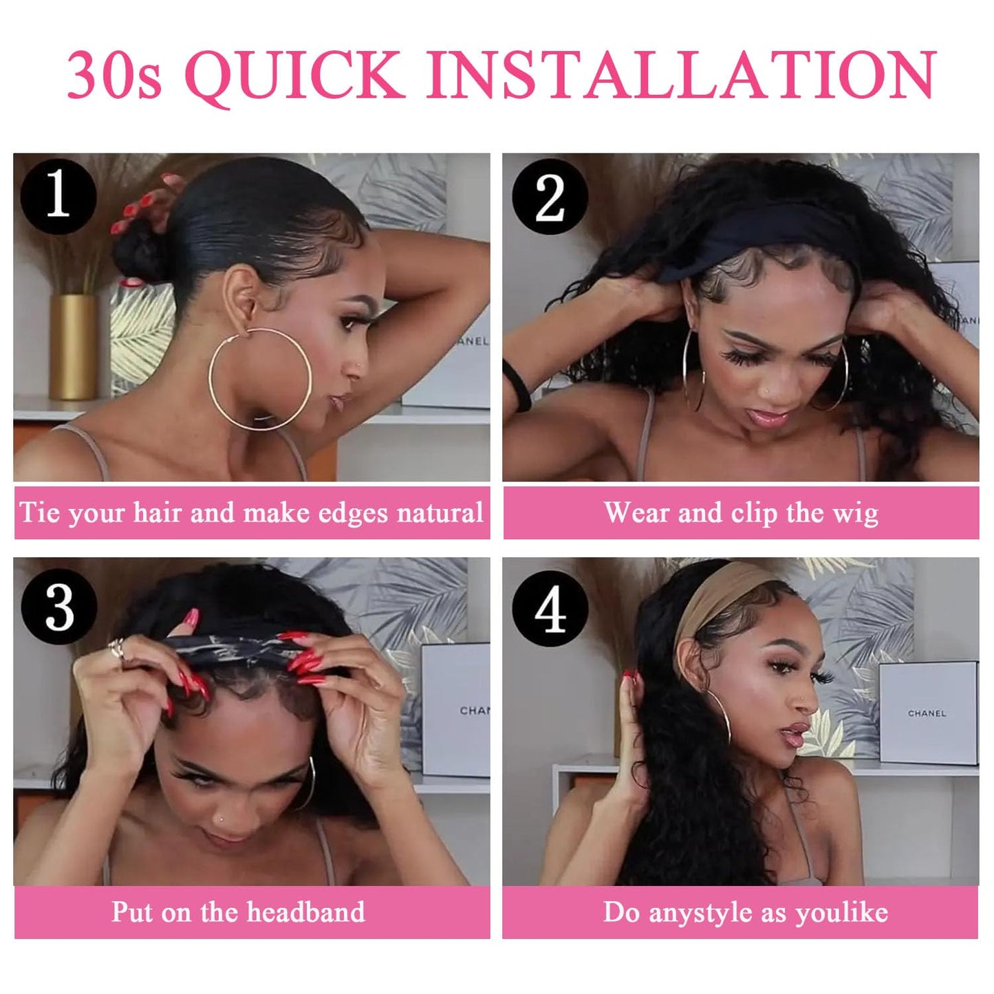 Headband Wig Human Hair Body Wave Headband Wigs None Lace Front Half Wig Glueless Virgin Brazilian Body Wave Machine Made Wigs for Black Women Brazilian Virgin Human Hair 16 Inch Natural Color