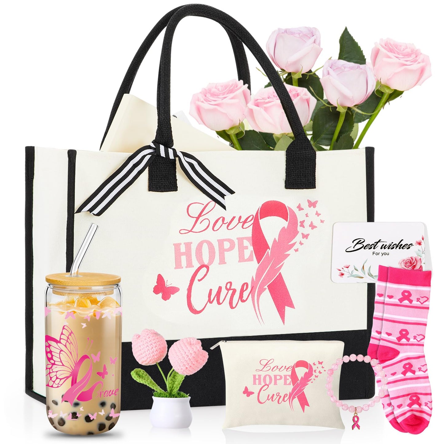 Capoda 7 Pcs Breast Cancer Gifts for Women Include Tote Bag Makeup Bag Glass Cup Card Sock Bracelet Crochet Flowers Breast Cancer Awareness Accessories Gifts Set Care Package for Survivor Patients