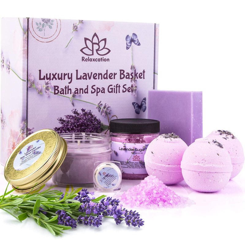 Organic Lavender Gift Basket - Spa Kit with Soy Wax Candle, Bath Bombs & Natural Oils | Perfect Gift for Women & Moms