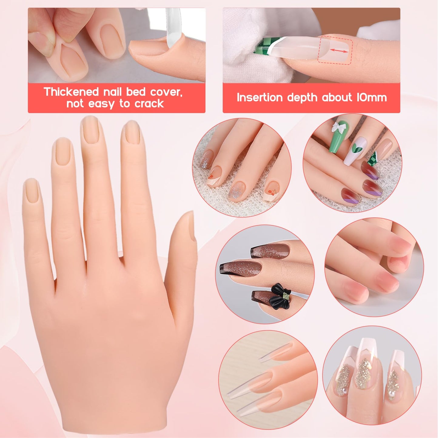 Vnmcry Practice Hand for Acrylic Nails Silicone Fake Hands Mannequin Flexible Bendable Manicure Nail Practice Hand with Stand and 528 Pcs Nail Tips