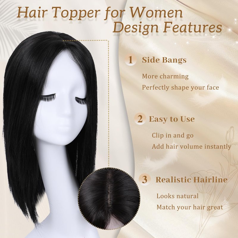 MEDO Hair Toppers for Women with Thinning Hair, 14 Inch Straight Short Black Wig Toppers for women