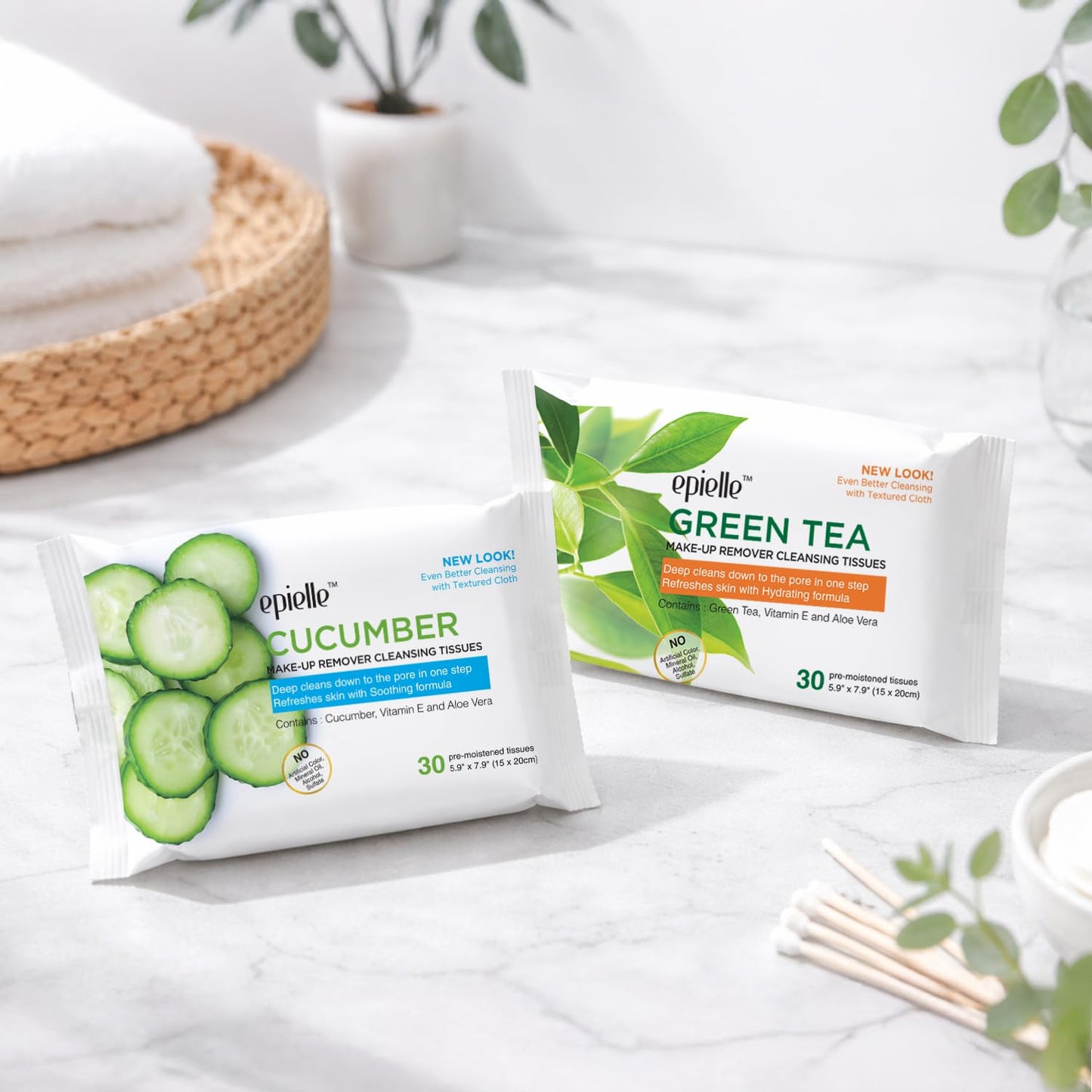 Epielle Gentle Skin Cleansing Wipes, 6 pack of 30 count each of Vitamin C, Cucumber, Aloe Vera, Collagen&Vitamin E, Green Tea, and Argan, Alcohol-Free, Hypoallergenic, Natural Extracts, Oily Skin.