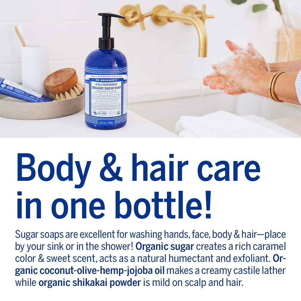 Dr. Bronner's - Organic Sugar Soap (Peppermint, 12 oz) - Made with Organic Oils, Sugar & Shikakai Powder, 4-in-1 Uses: Hands, Body, Face & Hair, Cleanses, Moisturizes & Nourishes, Vegan, Non-GMO