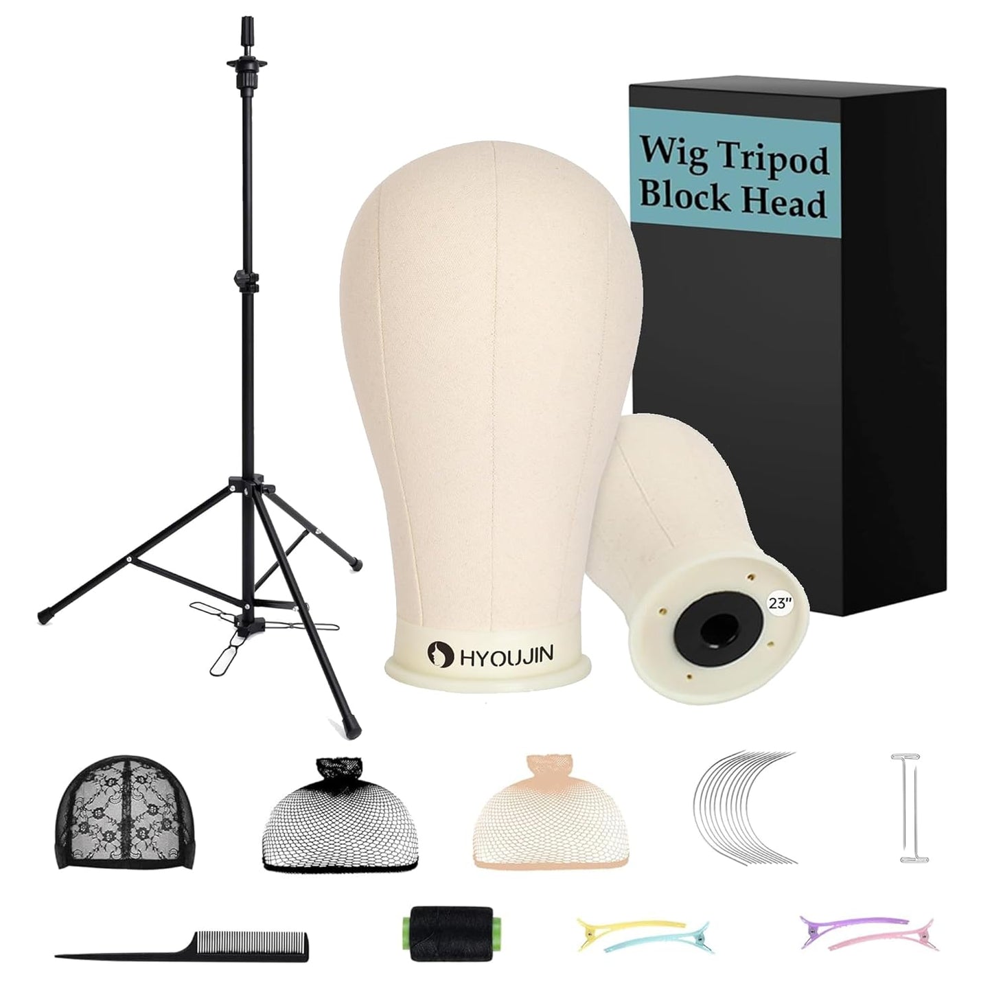 HYOUJIN Adjustable Wig Stand with Mannequin Head & Tripod | Includes Canvas Block Head, Wig Caps, T-Pins, Carry Bag (35.4-52.4in)