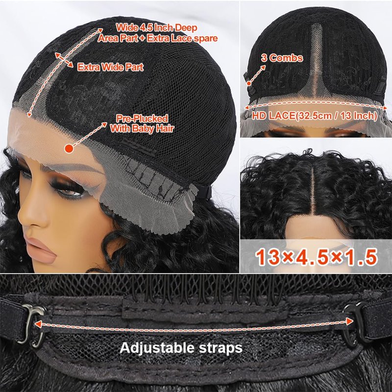 Felek 16inch Curly Lace Front Wigs Middle Part Jerry Curl Wig Ombre Burgundy Color T Lace Front Curly Synthetic Pre-Plucked Deep Curly Wigs For Black Women(T1B/BUG)