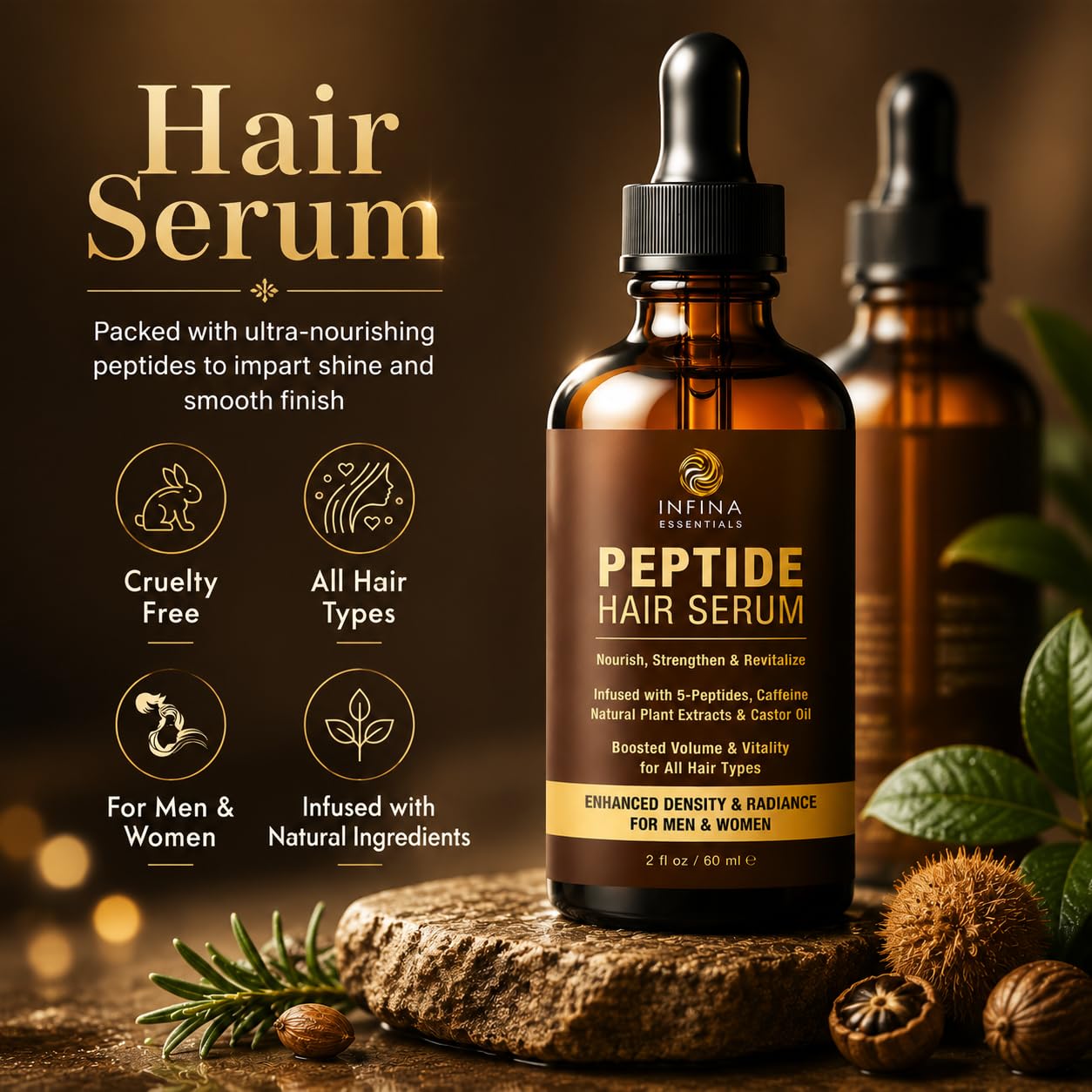 Peptide Hair Serum for Hair Growth - Copper & Caffeine Formula | 2 fl oz for Thinning Hair