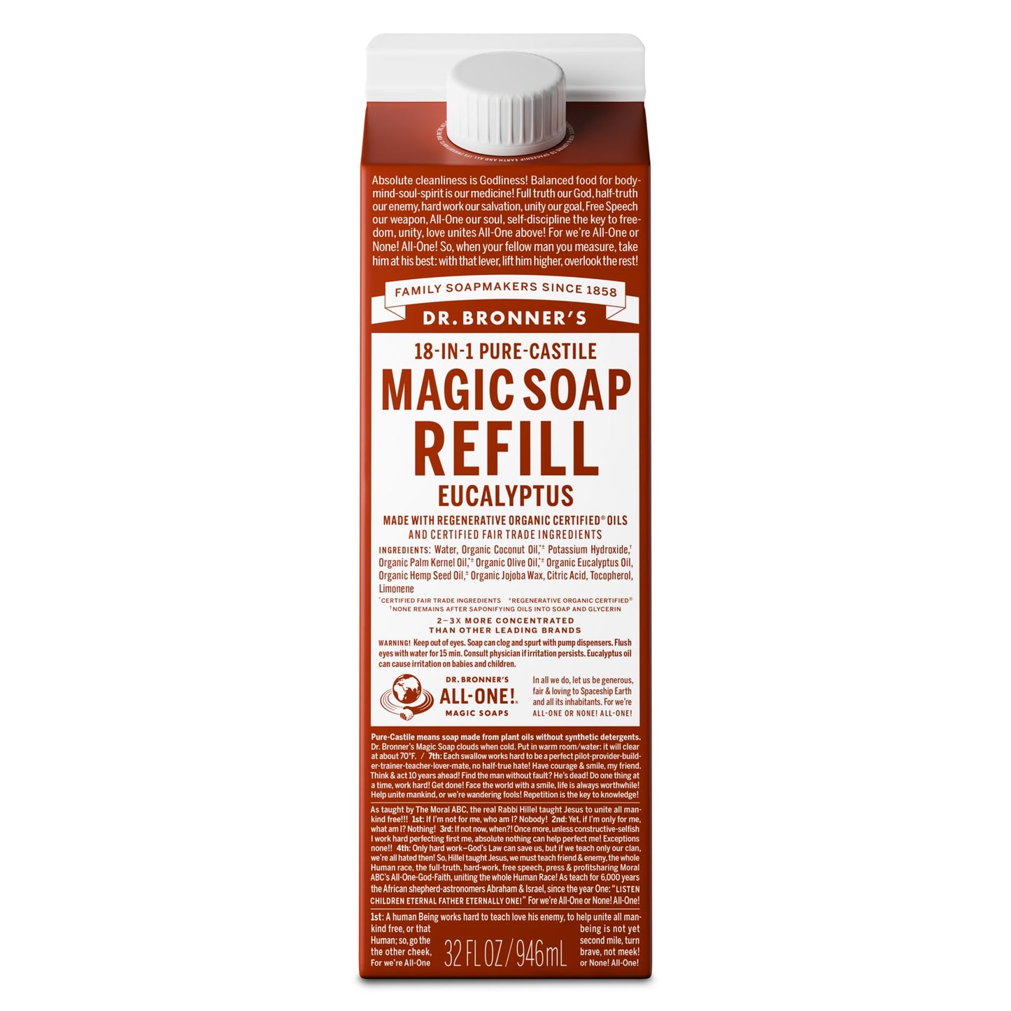 Dr. Bronner's Magic Soap-Pure-Castile Liquid Refill (Eucalyptus, 32 ounce, 1-Pack) - Regenerative Organic Certified Oils, For Body, Hair, Laundry, Pets & Dishes, Concentrated, Vegan, Non-GMO