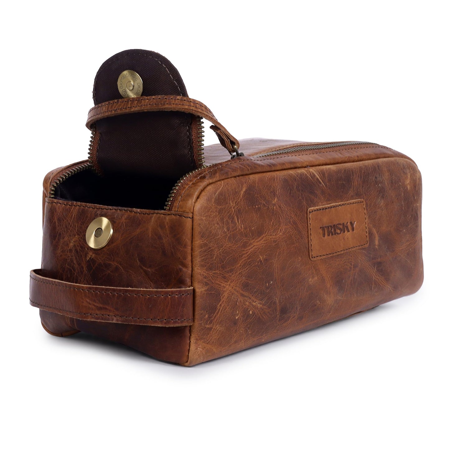 TRISKY Buffalo Leather Toiletry Bag For Men & Women- Grooming Bag For Men, Travel Pouch With Water Resistant Lining, Leather Toiletry Bags For Mens, King-size Handcrafted - Tan