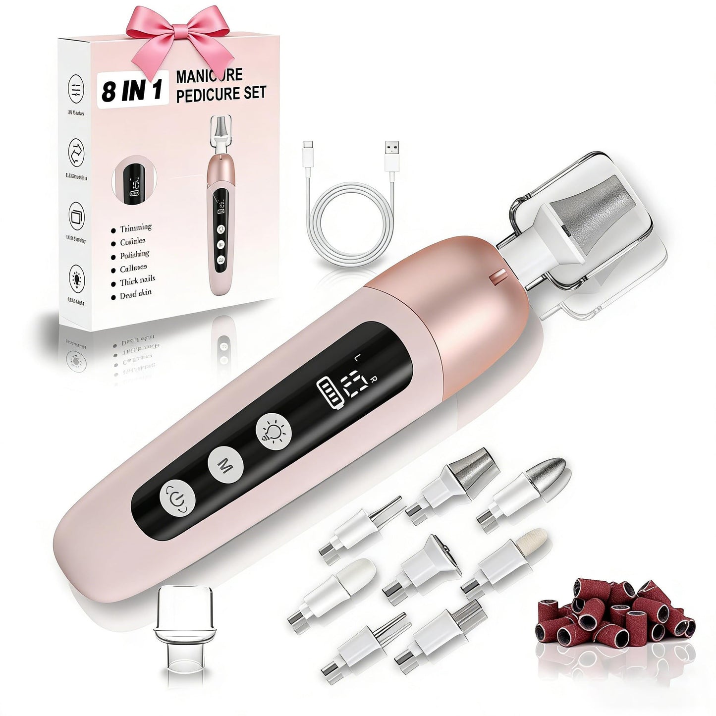 Atopskins Electric Nail Drill Cordless Nail File Professional Manicure Pedicure Kit, 9 in 1 Hand Foot Rechargeable Care Tool, 10 Speeds Electric Nail File Grinder for Thick Toenail Trim Polish Pink