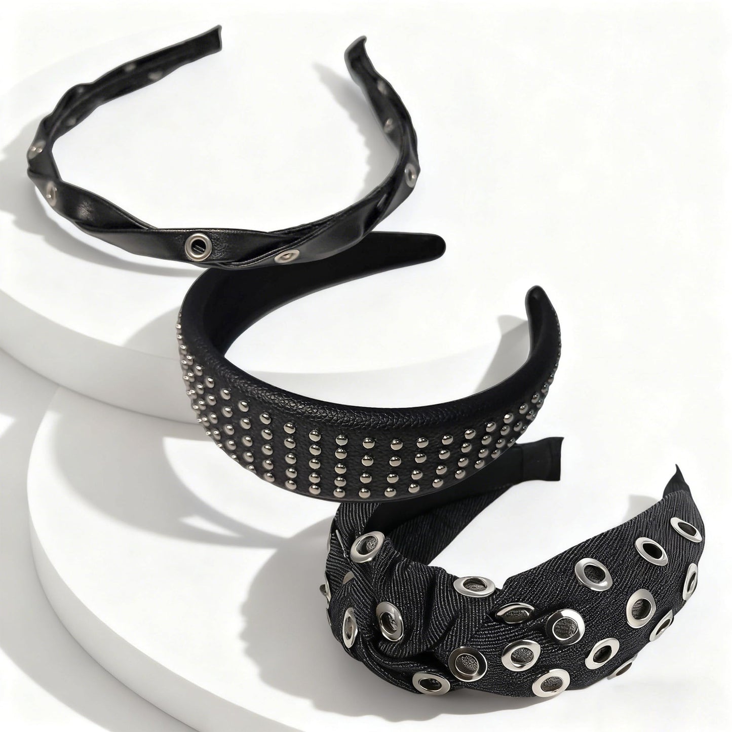 FANSSYA 3-Piece Black Punk Headband Set for Women | Braided Faux Leather, Studded & Denim Knotted Hairbands | Y2K Gothic Grunge Hair Accessories Collection