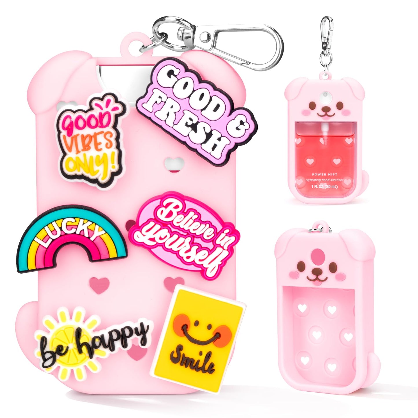 Metyond Dog Silicone Case for Touchland Hand Sanitizer Spray Power Mist 1 FL OZ/30ML for Touchland Case with Keychain, with Cute Charms Accessory Cute Travel Case (1PCS Pink)