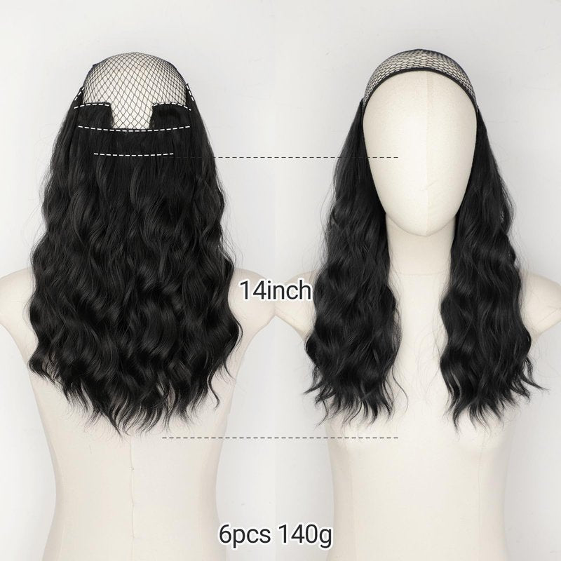 KooKaStyle 14 Inch Clip in Hair Extensions, 6 Pieces Short Hair Extensions,Wavy Synthetic Hairpieces Invisible Lace Weft, Natural Looking Lightweight Thick Hair Pieces for Women Daily Wear, Black
