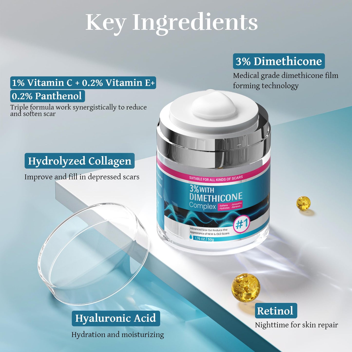 Advanced Scar Cream, Scar Reduction Treatment for Improves Skin Texture & Helps Remove Acne, Stretch Marks, Surgery, C Section, Burn, Keloid & Hypertrophic Scars 1.76 Oz (50g)