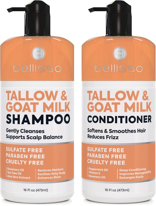 Beef Tallow Shampoo and Conditioner Set with Goat Milk - Sulfate Free Moisture for Women and Men - For Dry, Itchy Scalp - Hydrating, Thickening, Volume Care for Thinning Hair - 16 Fl Oz (Pack of 2)