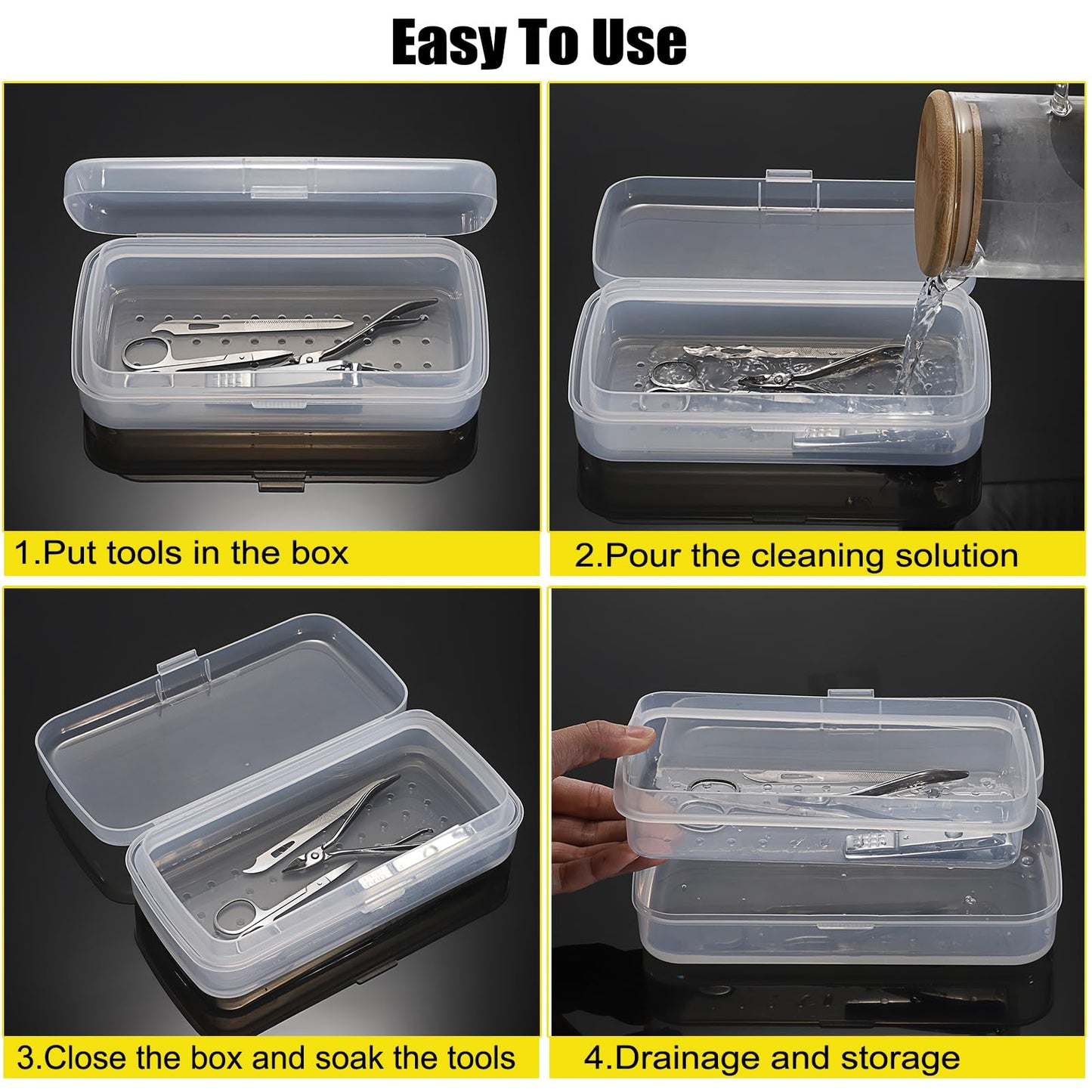 JUXYES 2 PCS Plastic Sterilizing Tray for Nail Art Accessories Tools, Portable Nail Art Tool Sterilizer Tray with Strainer, Fully Transparent Storage Box Organizer for Tweezer Manicure Tools