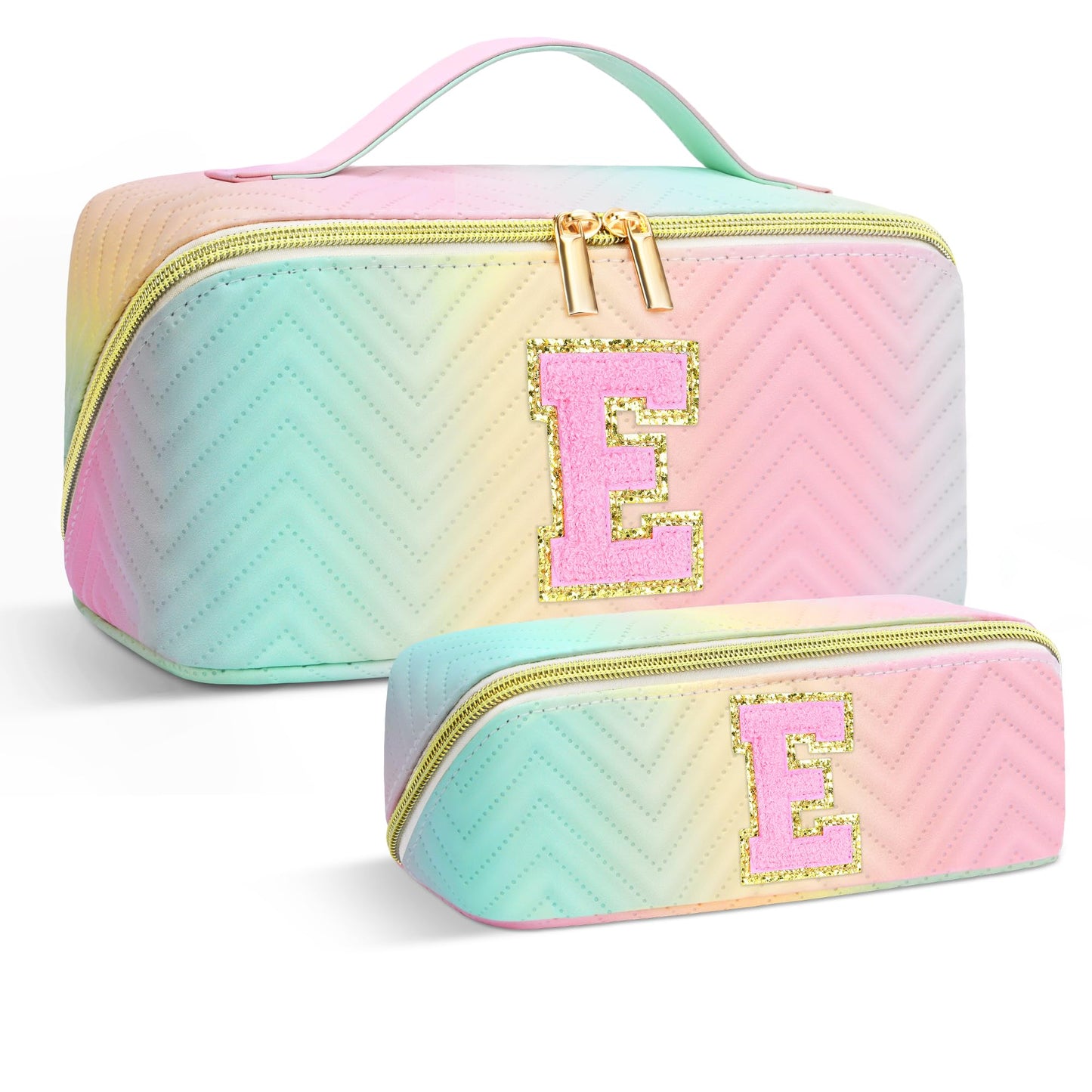 Personalized Initial Travel Makeup Bag | Trendy Girls Make up bags, Large Capacity Colorful Cosmetic Bag Organizer for Women, Leather Waterproof Open Flat Toiletry Bags for Teen friends Gifts - E