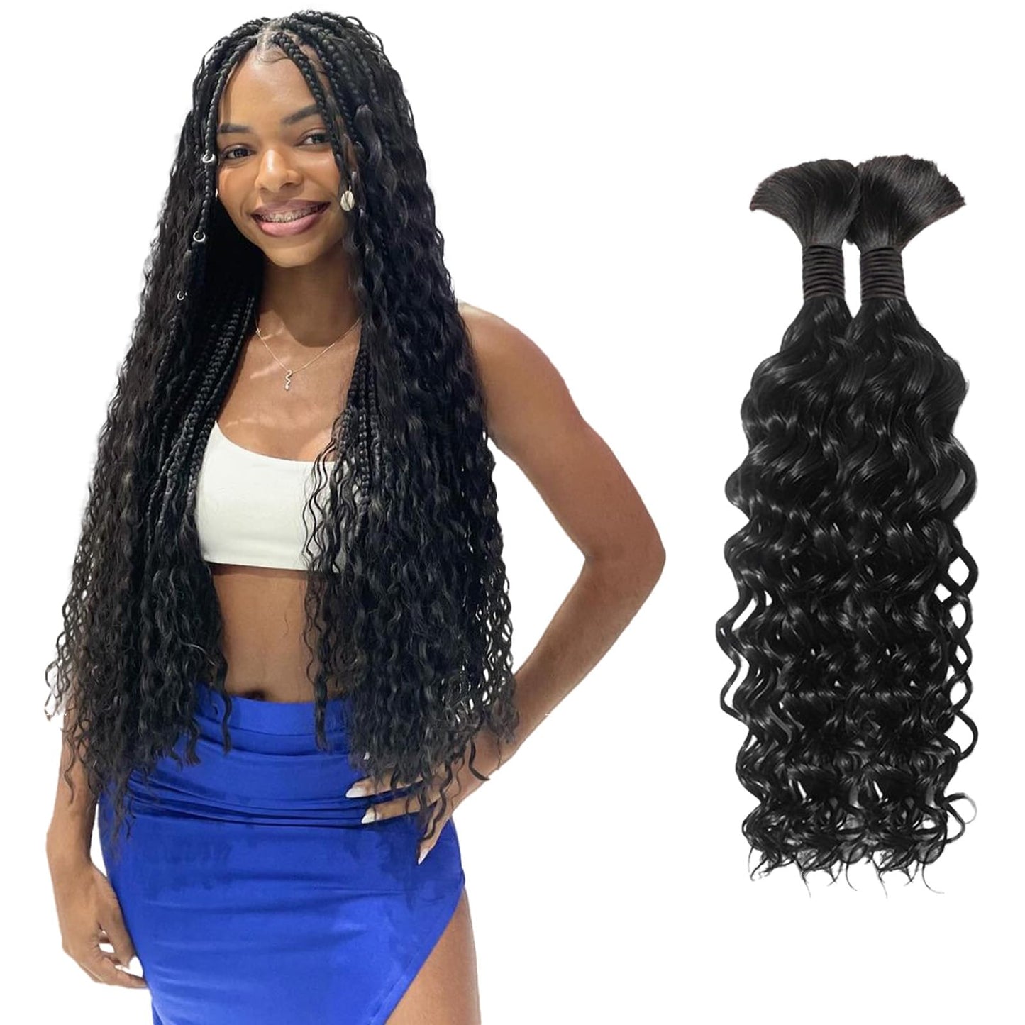 Boho Braiding Hair for Knotless Braids - 22 Inch Curly Human Hair, 2 Bundles, 100g Water Wave (Natural Color)